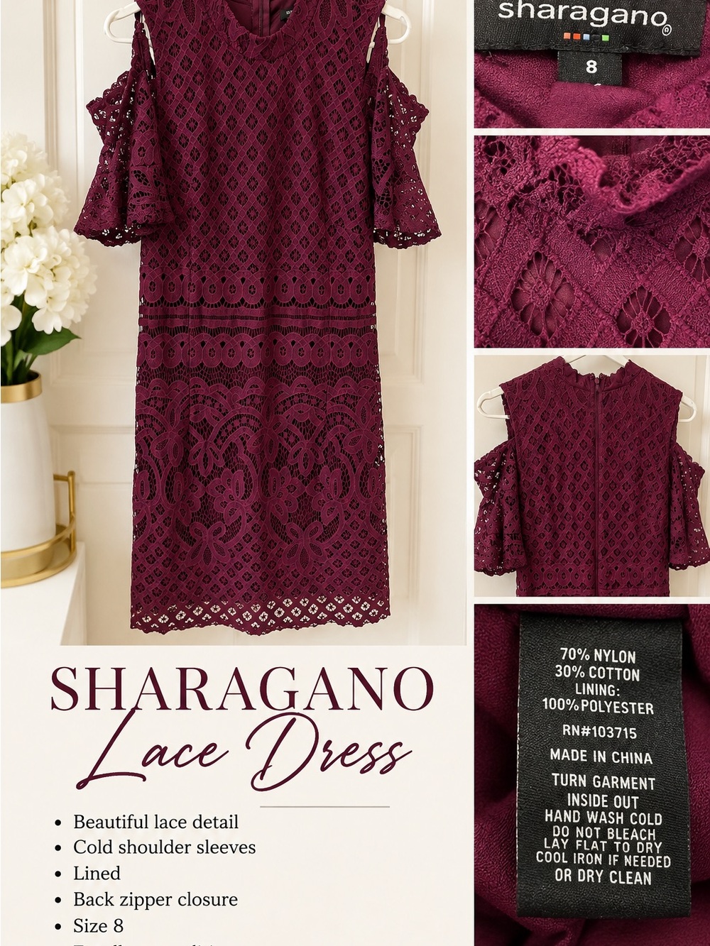 Sharagano Cold-Shoulder Lace Dress in Burgundy